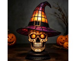 Casalora® Halloween Heksenhoed Lamp – Gotische Hars Decoratie met LED Licht – Magische Nachtlamp voor Tafel, Woonkamer & Feestdecoratie – Paarse Hoed - Skelet