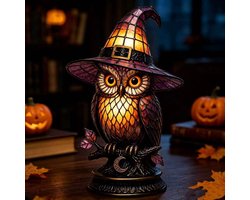 Casalora® Halloween Heksenhoed Lamp – Gotische Hars Decoratie met LED Licht – Magische Nachtlamp voor Tafel, Woonkamer & Feestdecoratie – Paarse Hoed - Uil