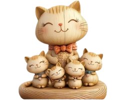 Casalora Houten Schattige kattenfamilie Sculptuur Charmante 2D Platte Kat Liefhebber Cadeau Licht en Donker Houtnerf Desktop Entree Woondecoratie
