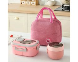 casalora - Lunchbox Set 1200+600ml - Yoghurt en Muesli beker to go - broodtrommel met sausbox ‌en bestek‌ - Lunchpot met Isolerende Draagtas -Bento box voor volwassenen en kinderen‌ - Voor Werk, School, Picnic - Roze