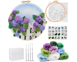Casalora Punch Needle - Paarse hortensia - Naaldvilten DIY Kit voor Volwassenen - Borduurpakket - Wol Schilderij Maakset met Vilten Wol, Viltnaalden, Viltmat, Borduurraam en Handleiding – Creatieve Hobbyset voor Wanddecoratie