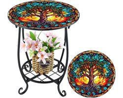 Casalora® Retro balkon bijzettafel - tuin ronde tafel - buiten eettafel - decoratieve binnen bijtafel - Levensboom stijl - geschikt voor patio, tuin, veranda, woonkamer - blauw&rood
