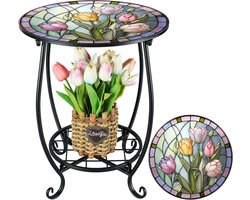 Casalora® Retro balkon bijzettafel - tuin ronde tafel - buiten eettafel - decoratieve binnen bijtafel - tulp stijl - geschikt voor patio, tuin, veranda, woonkamer - Roze & Groen