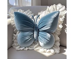 Casalora Vlinder Sierkussen met Kant 45×40 cm – Zacht Fluwelen Decoratief Kussen – Romantisch Blauw Bankkussen voor Woonkamer & Slaapkamer