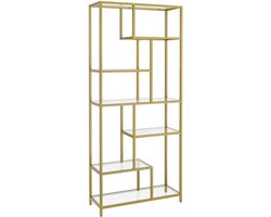 CASAMODA Boekenkast Goud - H180 x B80 x D30 cm - Moderne Wandkast - Stalen Frame - Staande Boekenkast - Vakkenkast - Opbergkast - Draagvermogen 40 kg - Glas en Staal - Goud
