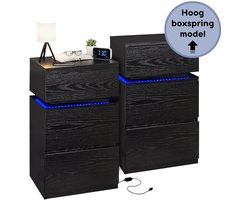 Casamoda Extra Hoge Nachtkastjes set van 2 voor Boxspring - H70 x B40 x D35 cm - 3 Lades - Verstelbare RGB LED-Verlichting Alle Kleuren - Draagkracht 110 kg - Moderne Bijzettafel - Zwart
