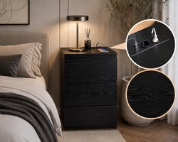 Casamoda Extra Hoog Nachtkastje voor Boxspring - H70 x B40 x D35 cm - 3 Lades - Stopcontact met 1x USB-C en 1x USB-A - Draagkracht 45 kg - Moderne Bijzettafel - Zwart
