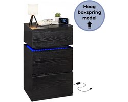 Casamoda Extra Hoog Nachtkastje voor Boxspring - H70 x B40 x D35 cm - 3 Lades - Verstelbare RGB LED-Verlichting Alle Kleuren - Draagkracht 110 kg - Moderne Bijzettafel - Zwart