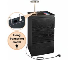 Casamoda Hoog Nachtkastje voor Boxspring - H70 x B40 x D35 cm - 3 Lades - Stopcontact en USB - Draagkracht 45 kg - Moderne Bijzettafel - Zwart