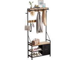 Casamoda Kapstok met Schoenenrek en Laden - B80 x D40 x H180 cm - Extra Diep Garderoberek - 17 Haken - Halkast - Moderne Kast - Hangend - Staand - Metaal/Hout - Goud Eiken/Zwart