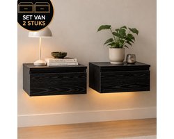 Casamoda Nachtkastje set van 2 - Zwevend - Nachtkastjes met lade - Hout - RGB Verlichting - H18 x B40 x D35 cm - Bedside table - Nightstand - Hangend - Nachtlampje volwassenen - Modern - Industrieel - Nachtkastje met Lade - Lamp -Zwart