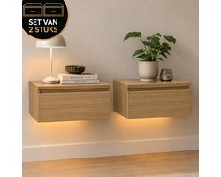 Casamoda Nachtkastje set van 2 - Zwevend - Nachtkastjes met lade - Hout - RGB Verlichting - H18 x B40 x D35 cm - Bedside table - Nightstand - Hangend - Nachtlampje volwassenen - Modern - Industrieel - Nachtkastje met Lade - Lamp - Gouden Eiken