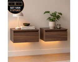 Casamoda Nachtkastje set van 2 - Zwevend - Nachtkastjes met lade - Hout - RGB Verlichting - H18 x B40 x D35 cm - Bedside table - Nightstand - Hangend - Nachtlampje volwassenen - Modern - Industrieel - Nachtkastje met Lade - Lamp - Walnoot