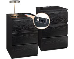 Casamoda Nachtkastjes set van 2 - H55 x B40 x D35 cm - 3 Lades - Stopcontact en USB - Draagkracht 45 kg - Moderne Bijzettafel - Zwart