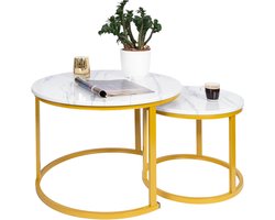 Casamoda Salontafel set van 2 - ø 70/50 cm - Hoogte 45/38 cm - Bijzettafel Rond - Salon tafel Industrieel - Tafelblad Hout - Wit Marmer
