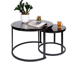 Casamoda Salontafel set van 2 - ø 70/50 cm - Hoogte 45/38 cm - Bijzettafel Rond - Salon tafel Industrieel - Tafelblad Hout - Zwart Marmer