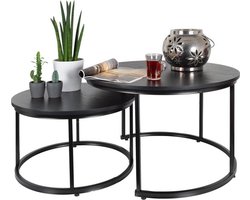 CASAMODA Salontafel set van 2 Zwart – ø 58/75 cm - Hoogte 36/45 cm – Bijzettafel Rond – Salon tafel Industrieel – Tafelblad Hout – Salontafel Zwart