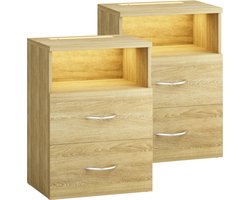 CASARIA Nachtkastje Set van 2 - Hout LED 2 Lades 40x28x55cm - Eik
