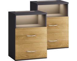 CASARIA Nachtkastje Set van 2 - LED 2 Lades 40x28x55cm - HoutAntraciet