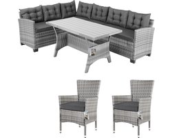 Casaria Polyrattan Hoeklounge - Hoekbank & 2 Tuinstoelen – Grijs