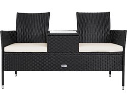 Casaria polyrattan tuinbank – met kussen en tafel 145x58x87 cm – zwart