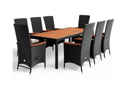 Casaria Polyrattan Tuinset - 8 Stoelen 1Tafel incl. Kussens - Zwart