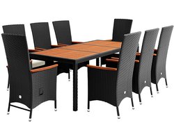 Casaria Polyrattan Tuinset - 9 Delig Verstelbare Rugeuning - Zwart/Acacia