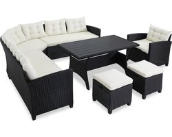 Casaria Polyrattan Tuinset - WPC Tafelblad 9 Personen – Zwart / Crème