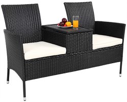 Casaria Tuinbank Polyrattan – 2 Zitter Incl. Tafel & Kussens – Zwart