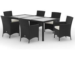 CASARIA Tuinset – 7 Stoelen Tafel Kussens 190x90x75 Polyrotan - Zwart