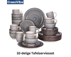 CasaVibe Luxe Serviesset – 32 delig – 8 persoons – Porselein - Bordenset – Dinner platen – Dessertborden - Kommen - Mokken - Set - Grijs