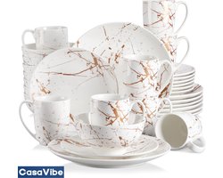 CasaVibe Luxe Serviesset – 32 delig – 8 persoons – Porselein - Bordenset – Dinner platen – Dessertborden - Kommen - Mokken - Set - Wit - Goud