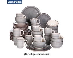 CasaVibe Luxe Serviesset – 48 delig – 12 persoons – Porselein - Bordenset – Dinner platen – Dessertborden - Kommen - Mokken - Set - Grijs - Wit