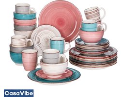 CasaVibe Serviesset – 32 delig – 8 persoons –Porselein - Luxe – Bordenset – Dinner platen – Dessertborden - Kommen - Mokken - Set - Roze - Wit - Blauw - Multi Color
