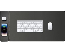 Casemania Bureau Onderlegger met Draadloos Oplader - Zwart - Bureaumat 78 x 30 cm - Water proof Bureau Organinzer met Wireless Lader 15W voor smartphone en oordopjes - Bureau Accessoires Antislip Muismat Vegan Leather