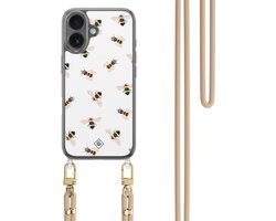 Casimoda® hoesje met koord - Geschikt voor iPhone 16 - Bee Happy - Afneembaar koord - TPU/polycarbonaat - Zwart