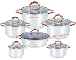 Casserra Italiana Luxe Pannenset 12-delig – Inductie – 5-Laags Bodem – Glazen Deksels – Koperkleurige Handgrepen