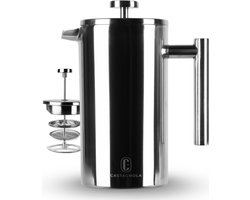 Castagnola French Press - Cafetiere met Filter - Dubbelwandige Koffiemaker - Koffiezetapparaat - Verse Koffie - RVS - 1 Liter - Zilverkleurig Glans