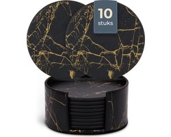 Castagnola Kunstlederen Onderzetters – Onderzetters voor Glazen – Design Onderzetters met Houder – Leren Onderzettersset – Leder – Set van 10 – Marmer look - Zwart/Goud