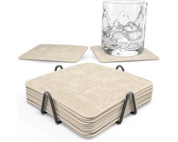 Castagnola Kunstlederen Onderzetters – Onderzetters voor Glazen – Design Onderzetters met Houder – Leren Onderzettersset met metalen houder – Leder – Set van 10 - Gemêleerd Beige - 10x10cm