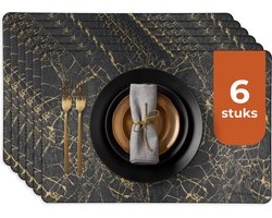 Castagnola Lederlook Placemats - Antislip Placemat van Kunstleer - Waterafstotende Onderlegger - Onderzetter - 6 Stuks - 45 x 30 cm - Zwart/Goud - Marmerpatroon