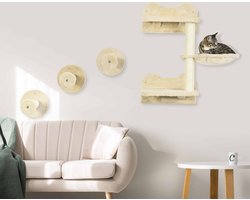 Cat -dekenwand, inclusief 1 x duiktoren, 3 x krasbomen, klimwandset, krabbenboom met hangmat, kattentrap, beige+crème wit wit