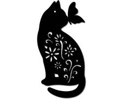 Cat Metal Wall Art - Dieren - Vlinder Decor - Wanddecoratie - Silhouet Sculptuur - IJzeren Bord voor Binnen Buiten - Thuis Woonkamer Keuken Tuin Kantoor Decoratie Cadeau - Zwart 12 x 6 Inch