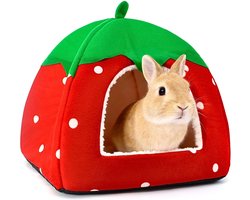 Caviabedje, Konijntje schuilplaats bed, comfortabel zacht nestje voor kleine dieren, rode aardbeienhol met zachte vulling, wasbaar hamsterhuisje, geschikt voor kleine huisdieren van ongeveer 1 kg, 26 x 26 x 24 cm