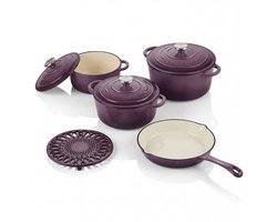 C&E Kitchenware Gietijzeren Pannenset 8-delig – Emaille – Paars – Geschikt voor Inductie, Gas en Alle Warmtebronnen – Inclusief Braadpannen met Deksel en Koekenpan