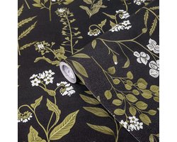 CE - Zelfklevend Behangrol - 44cm x 3m - Bloemenmotief - Wit bloemen en groene bladeren op een mat zwarte achtergrond