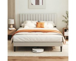 Cecipa Bedframe 140x200 cm - Gestoffeerd - Verticale Strepen - Opbergruimte Onder Bed - Lattenbodem - Extra Stevig Frame - Tweepersoonsbed - Verstelbaar Hoofdeinde - Zonder Matras - Draagkracht 480 kg - Grijs