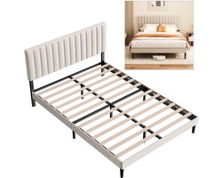 Cecipa heavy duty metalen bedframe - tweepersoonsbed met lattenbodem -140x190 cm - Gestoffeerd bed - verstelbaar hoofdeinde - Opbergruimte Onder Bed - Stevig - Stil - Anti Slip - Grijs Beige (geen matras)