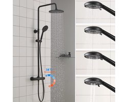CECIPA max Regendouche Douchesysteem met Thermostaatkraan Zwart 38°C - Doucheset - Regendouches - Regendouche met 4 Functie Handdouche