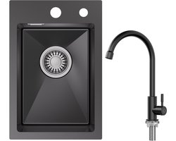 CECIPA max Spoelbak voor keuken 30x45 cm - Spoelbakken Keuken Met Koudwaterkraan - Wasbak Keuken Antraciet - Met Kraangat - incl. Afvoerzeefje en Sifon